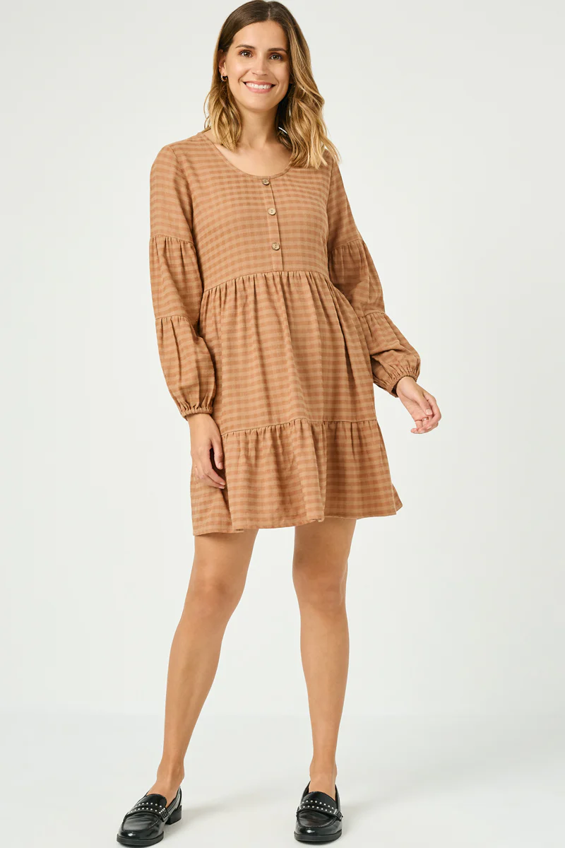 Button Detail Tiered Gingham Dress - Image 7