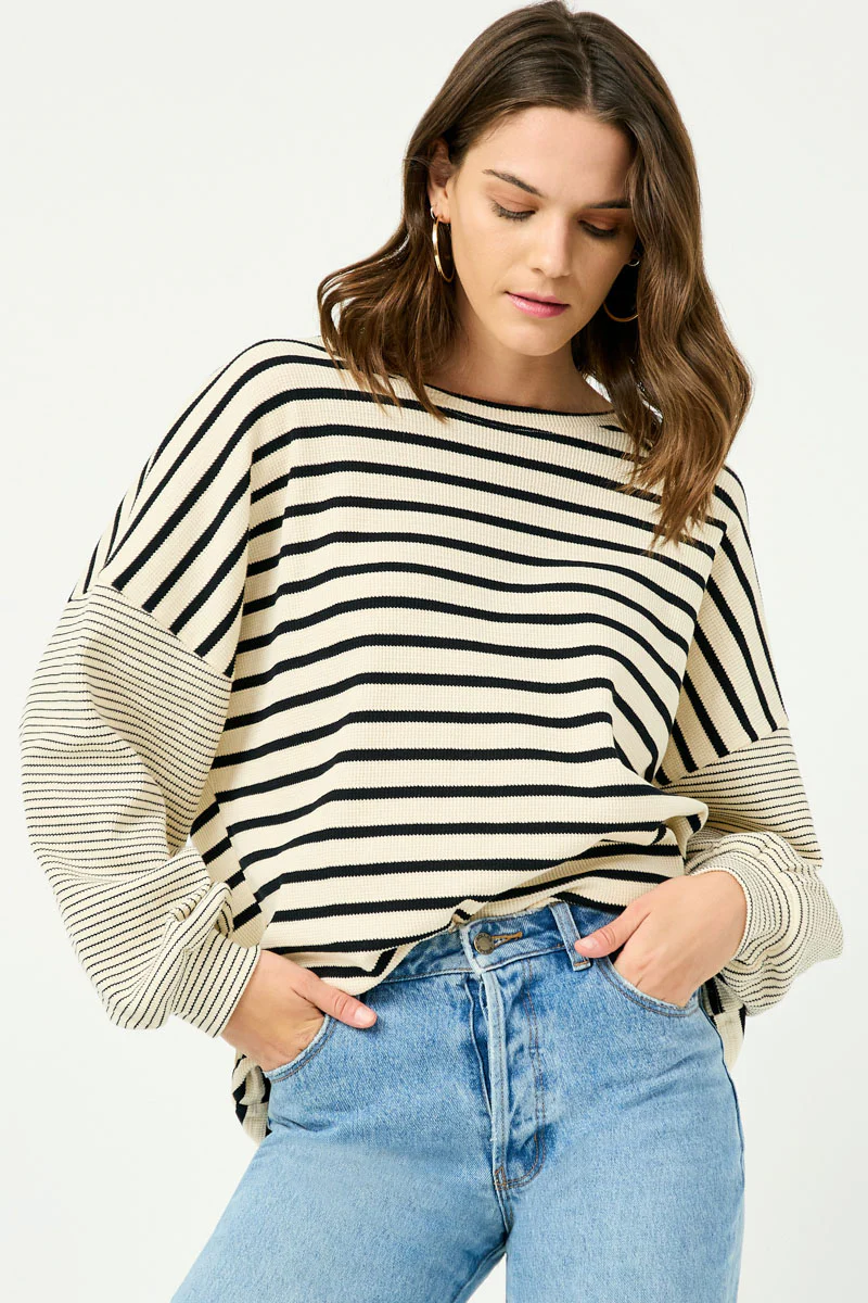 Contrast Stripe Sleeve Textured Knit Top - Image 9