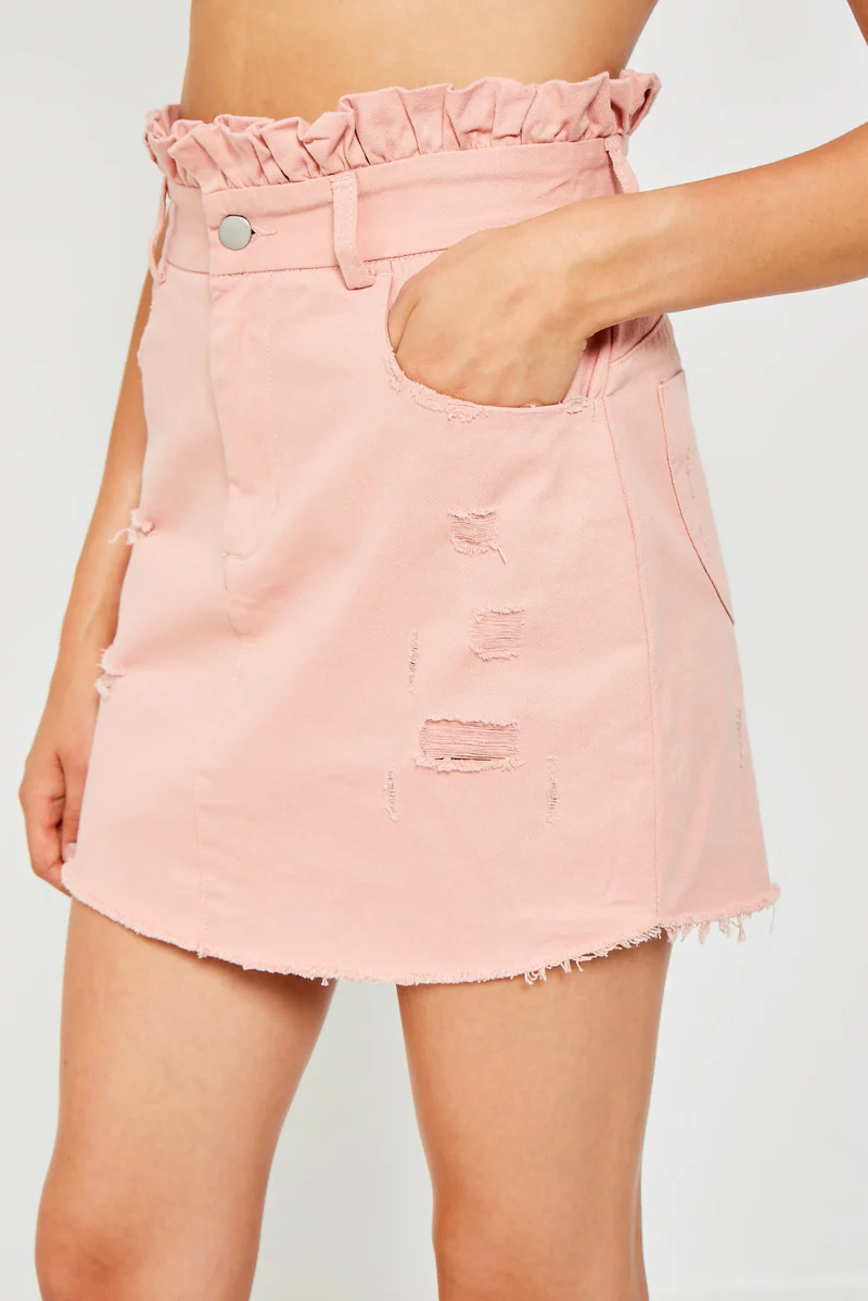 Distressed Paperbag Denim Skirt - Image 3