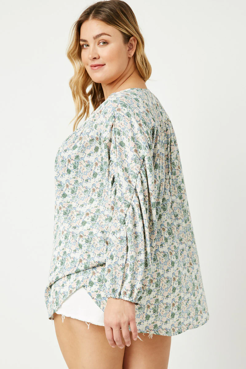 Floral Balloon Sleeve Tassel Tie Top - Image 4