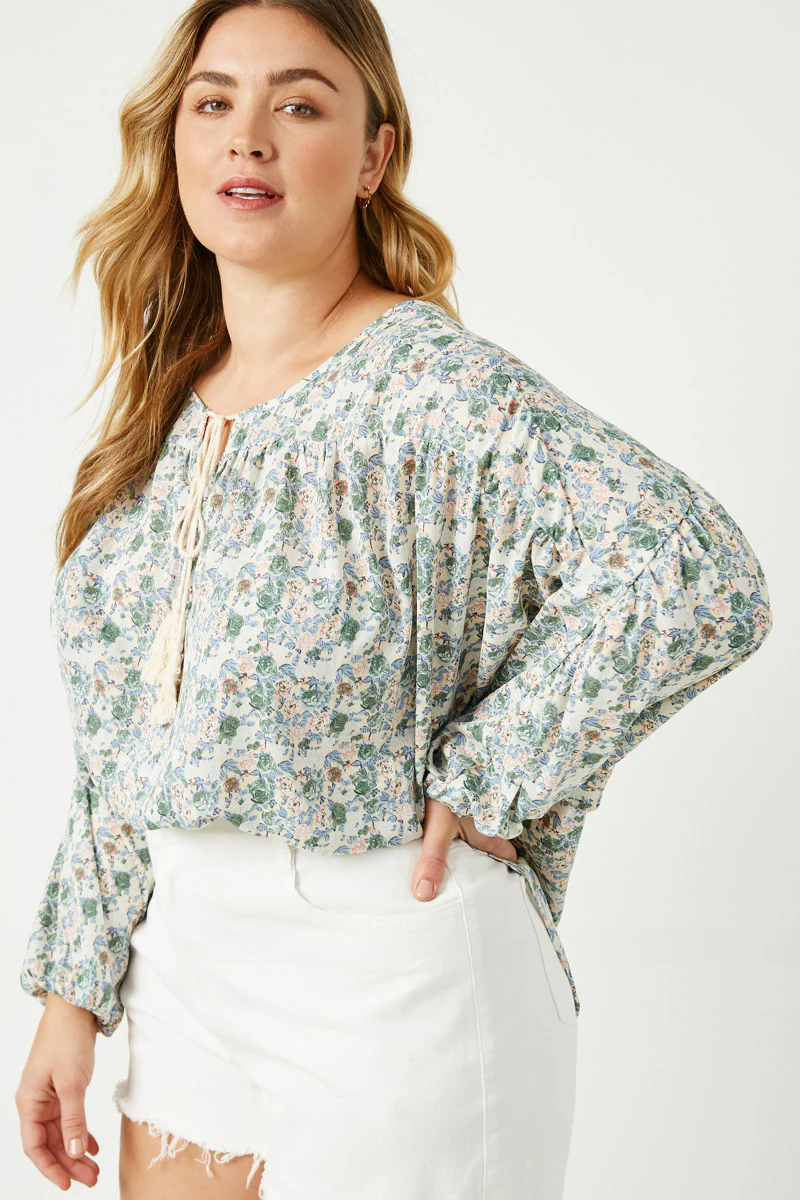 Floral Balloon Sleeve Tassel Tie Top - Image 5