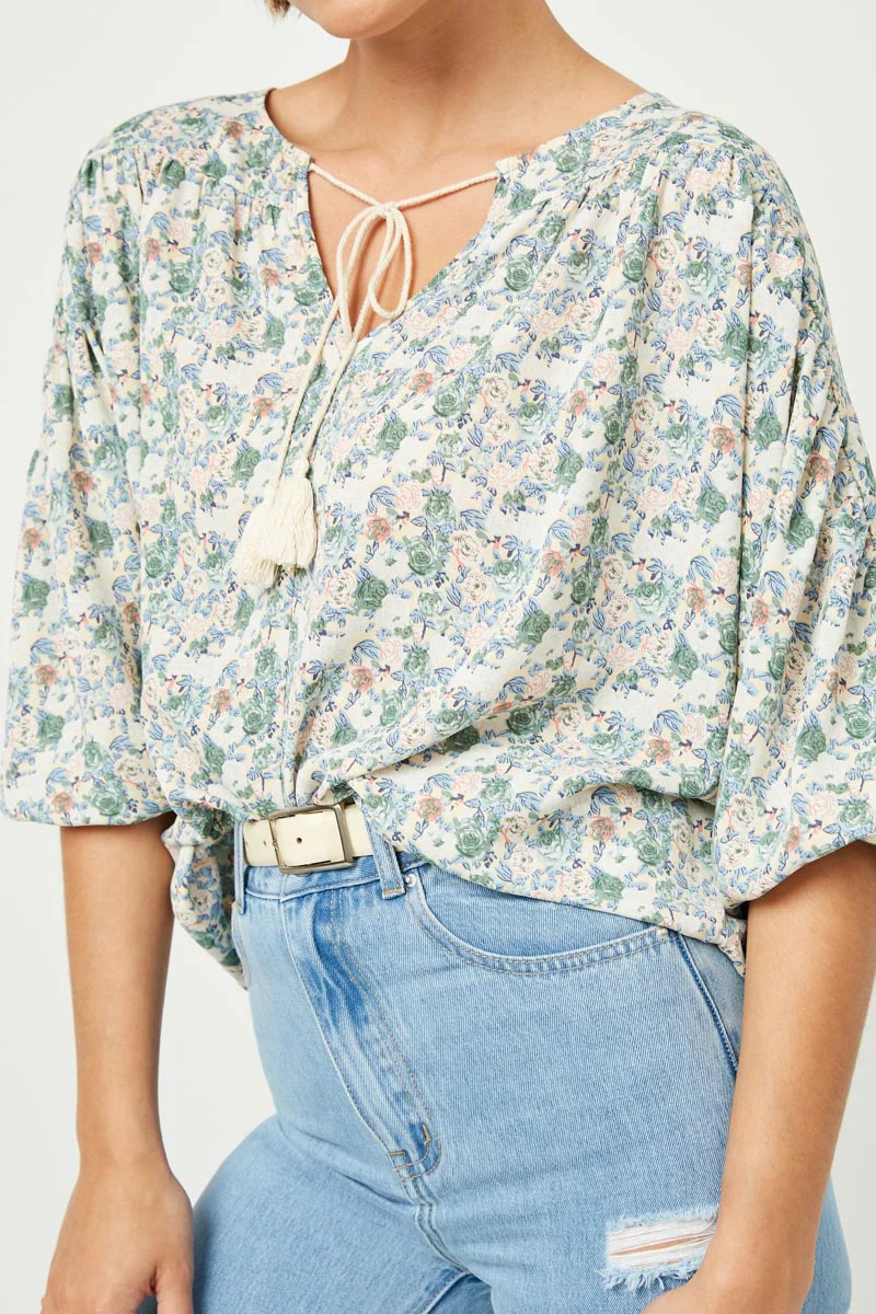 Floral Balloon Sleeve Tassel Tie Top - Image 6