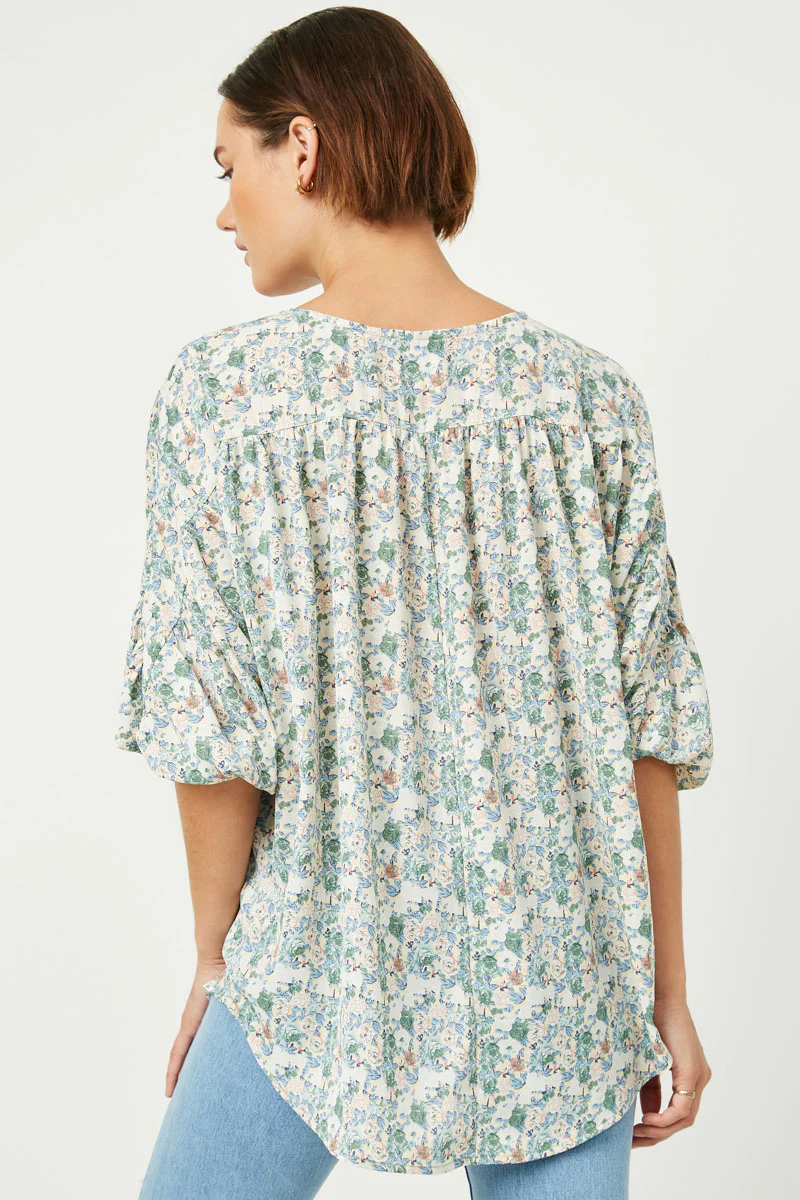 Floral Balloon Sleeve Tassel Tie Top - Image 7