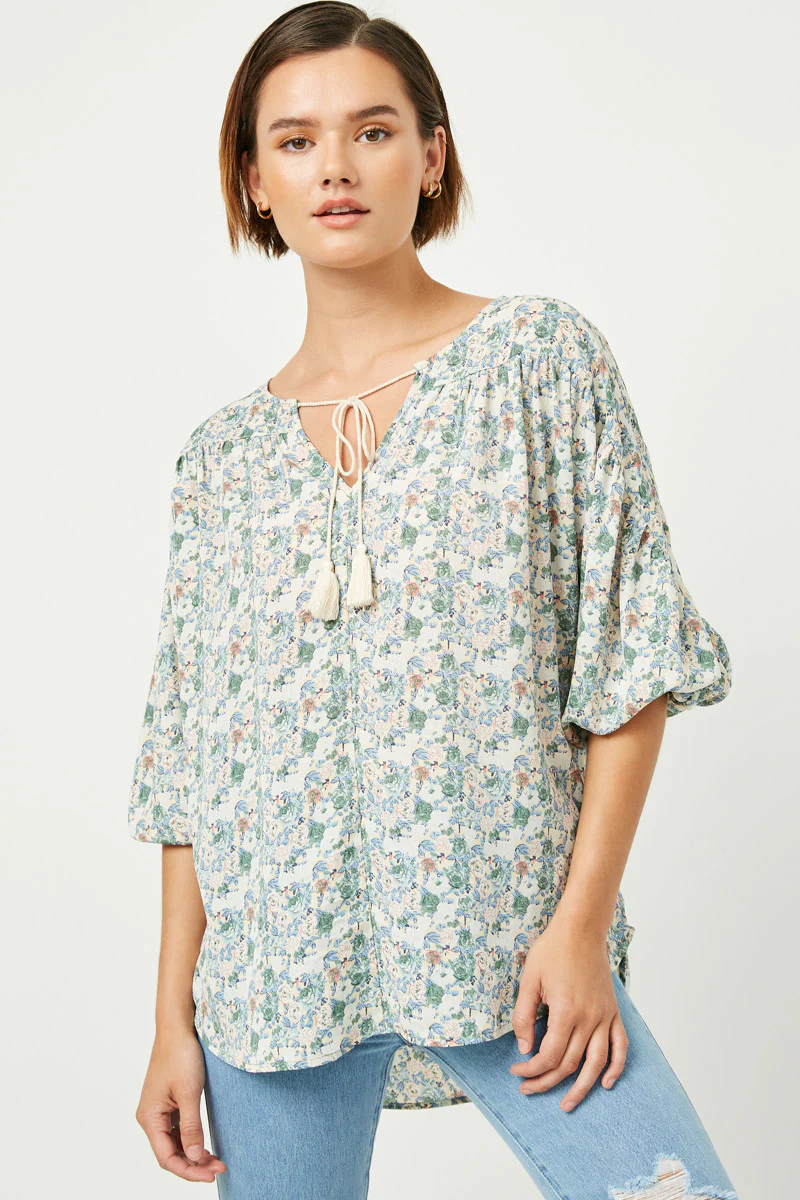 Floral Balloon Sleeve Tassel Tie Top - Image 8