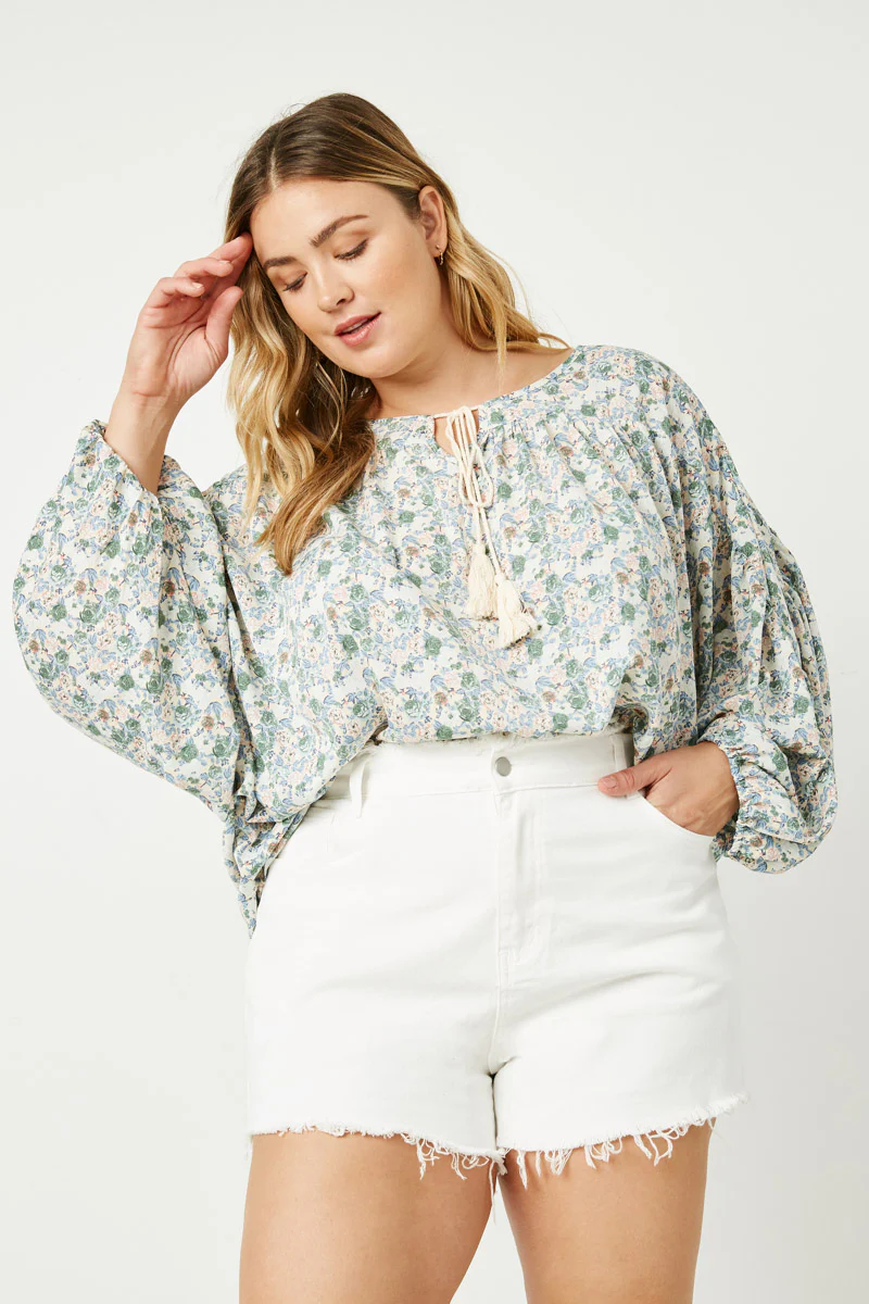 Floral Balloon Sleeve Tassel Tie Top - Image 9