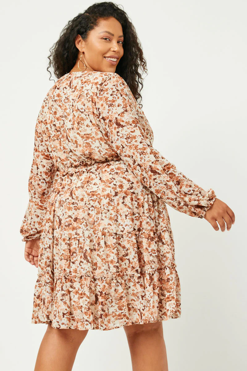 Floral Print V Neck Smock Waist Tiered Mini Dress - Image 4