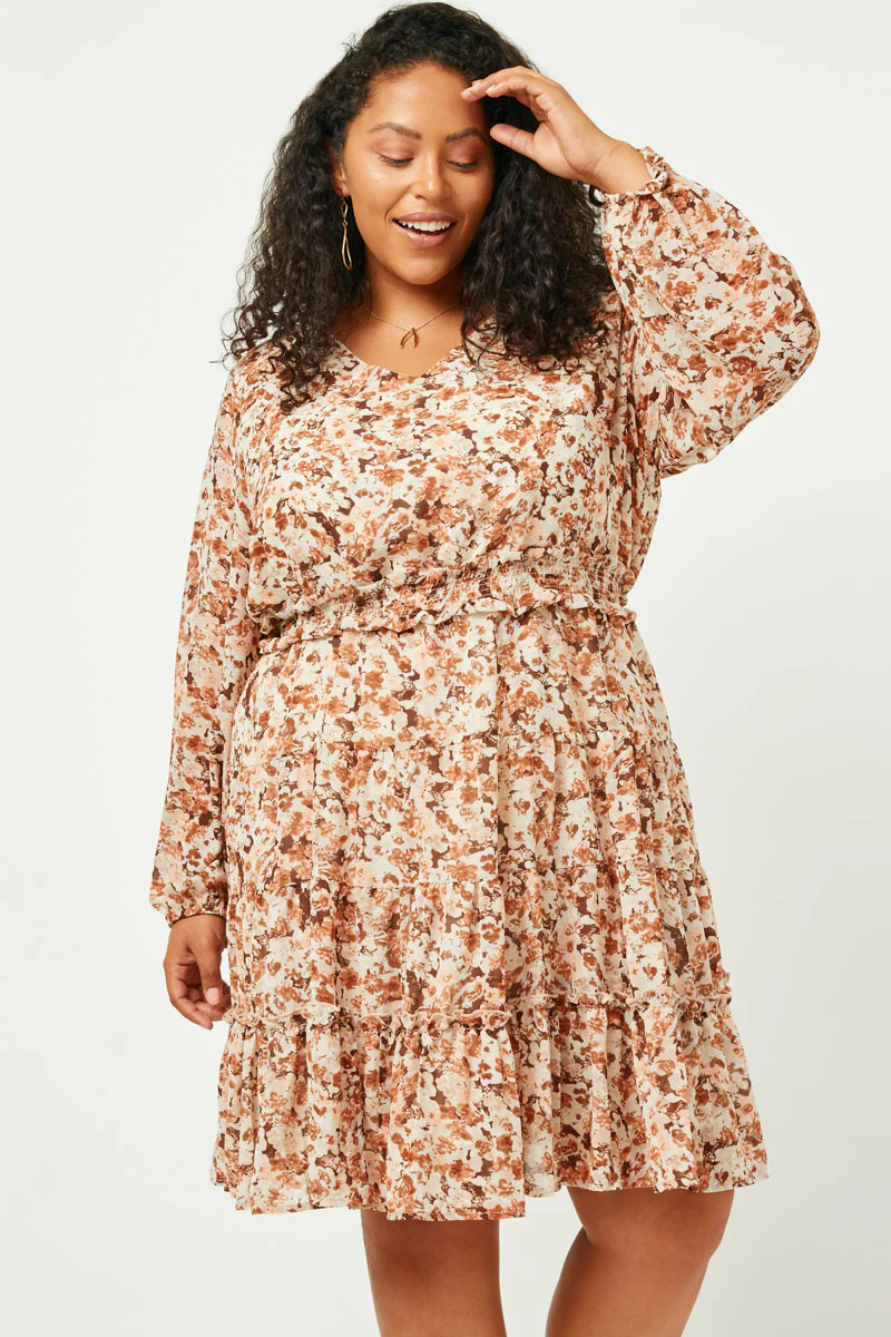 Floral Print V Neck Smock Waist Tiered Mini Dress - Image 5