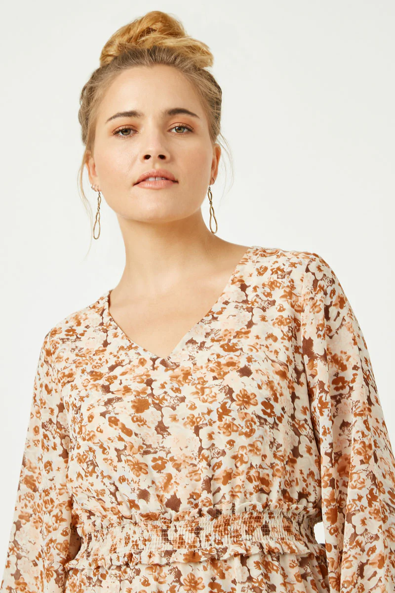 Floral Print V Neck Smock Waist Tiered Mini Dress - Image 6