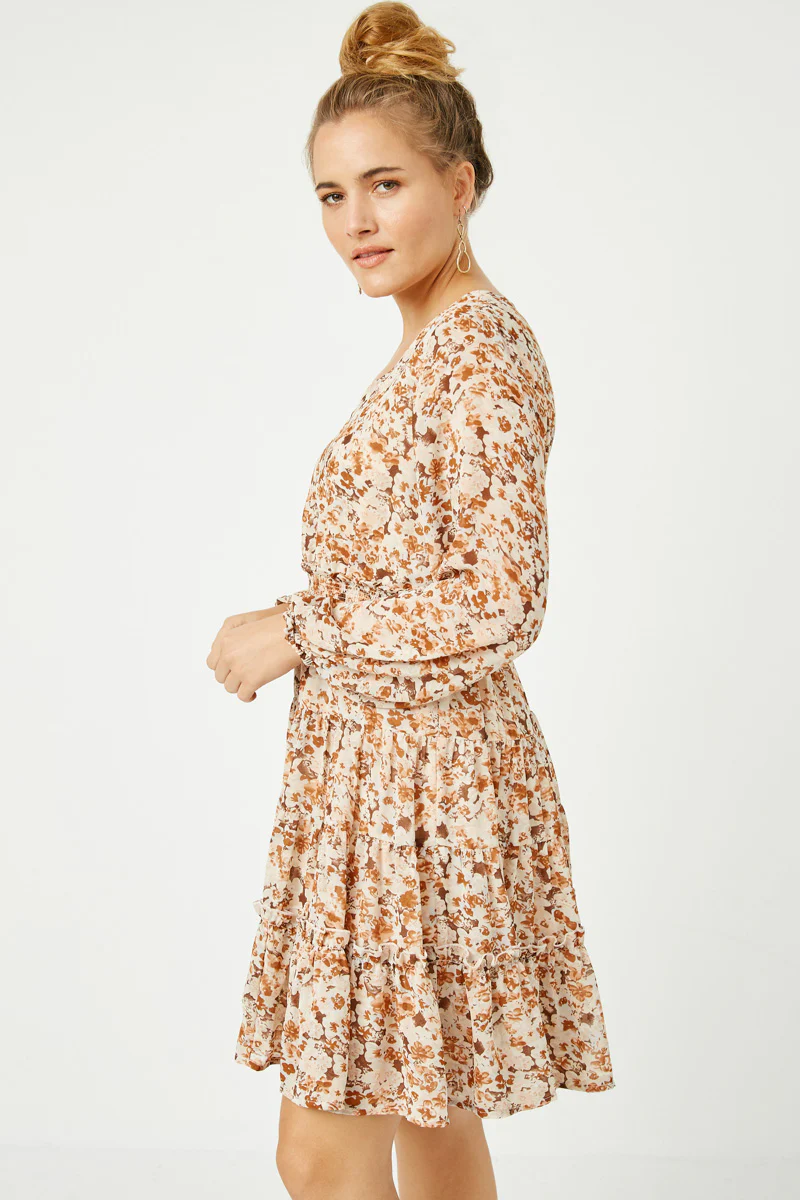 Floral Print V Neck Smock Waist Tiered Mini Dress - Image 7