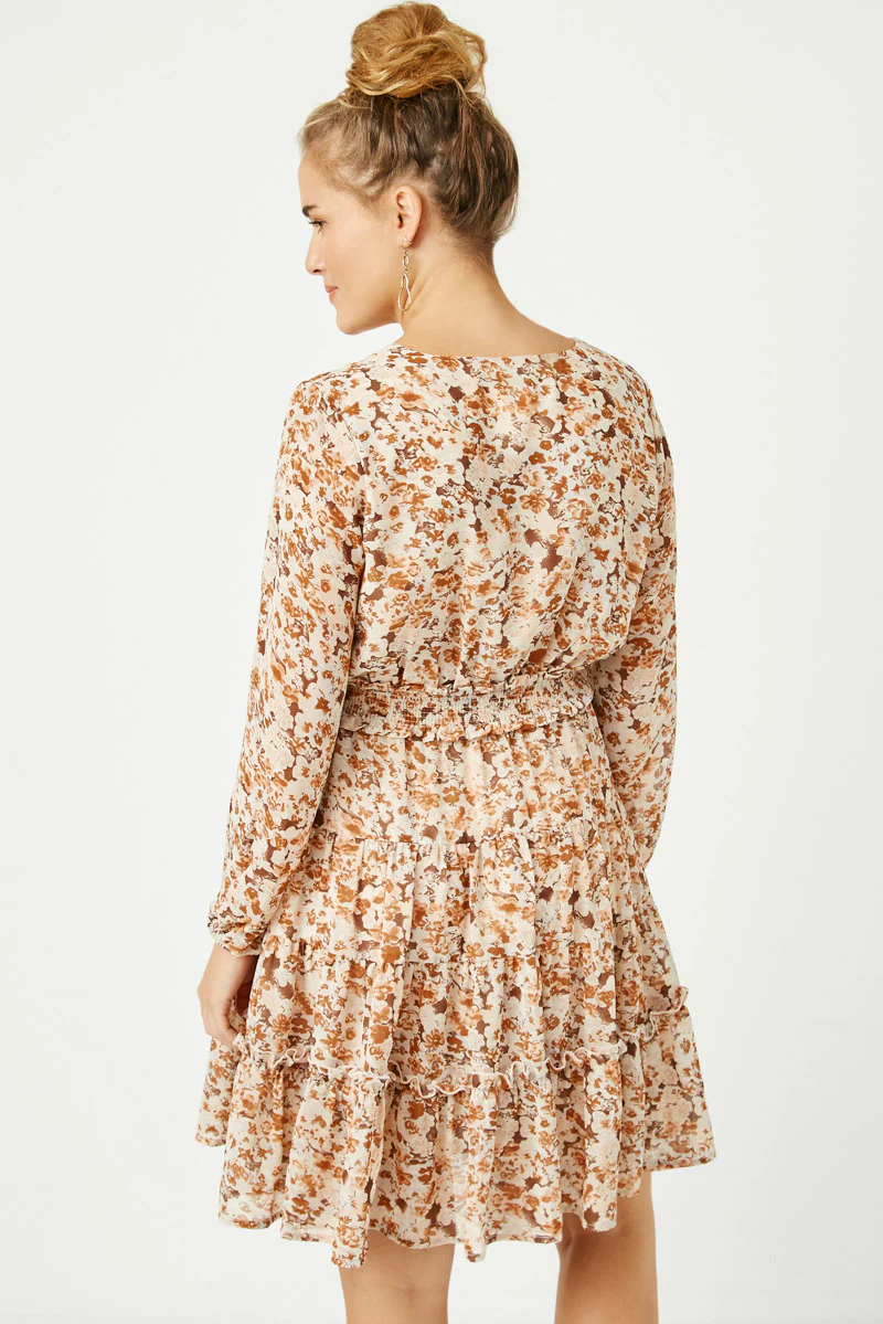 Floral Print V Neck Smock Waist Tiered Mini Dress - Image 8