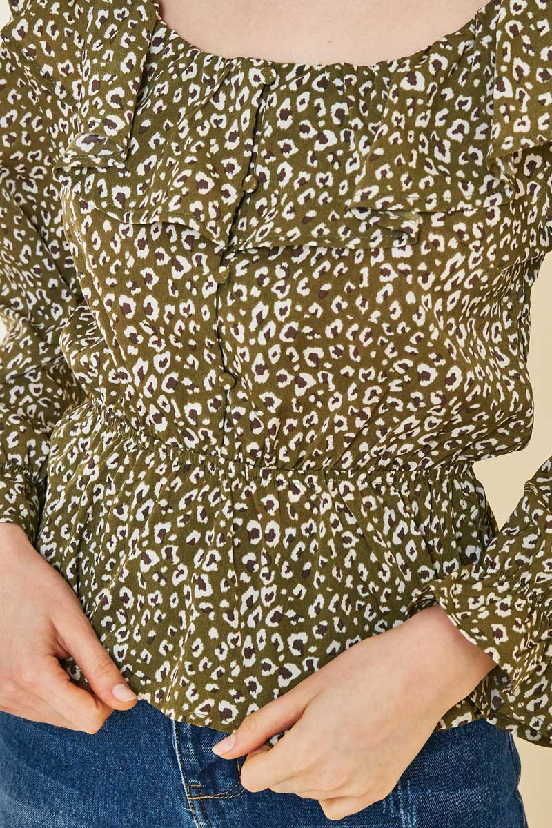 Leopard Ruffle Button-Down Peplum Top - Image 10