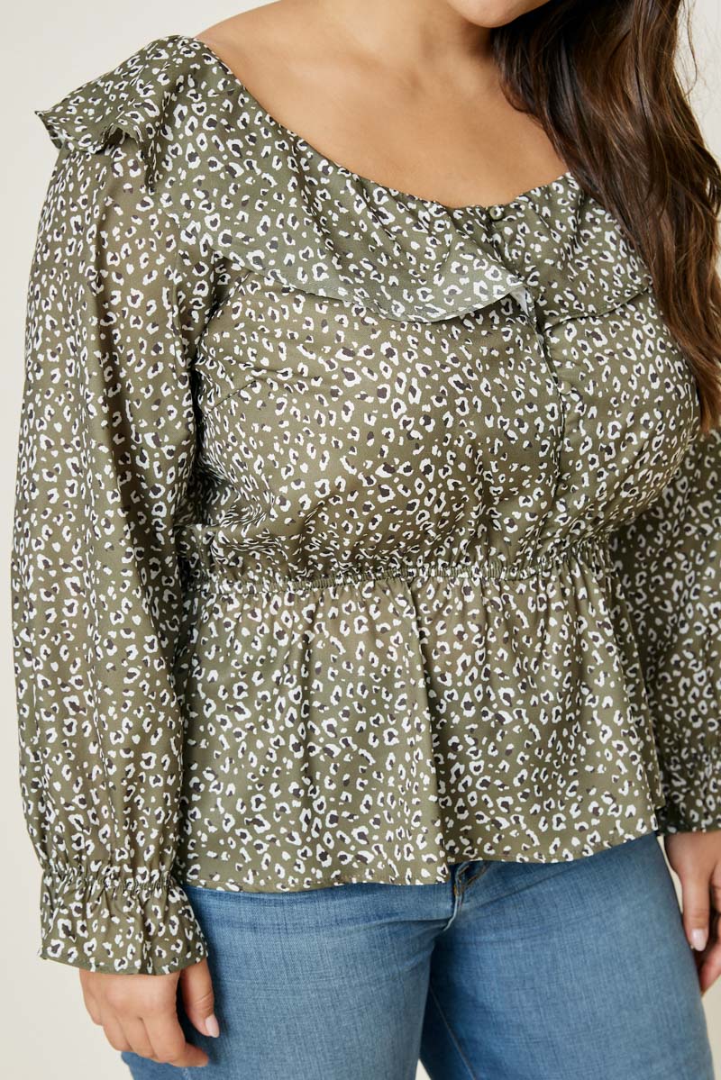 Leopard Ruffle Button-Down Peplum Top - Image 3