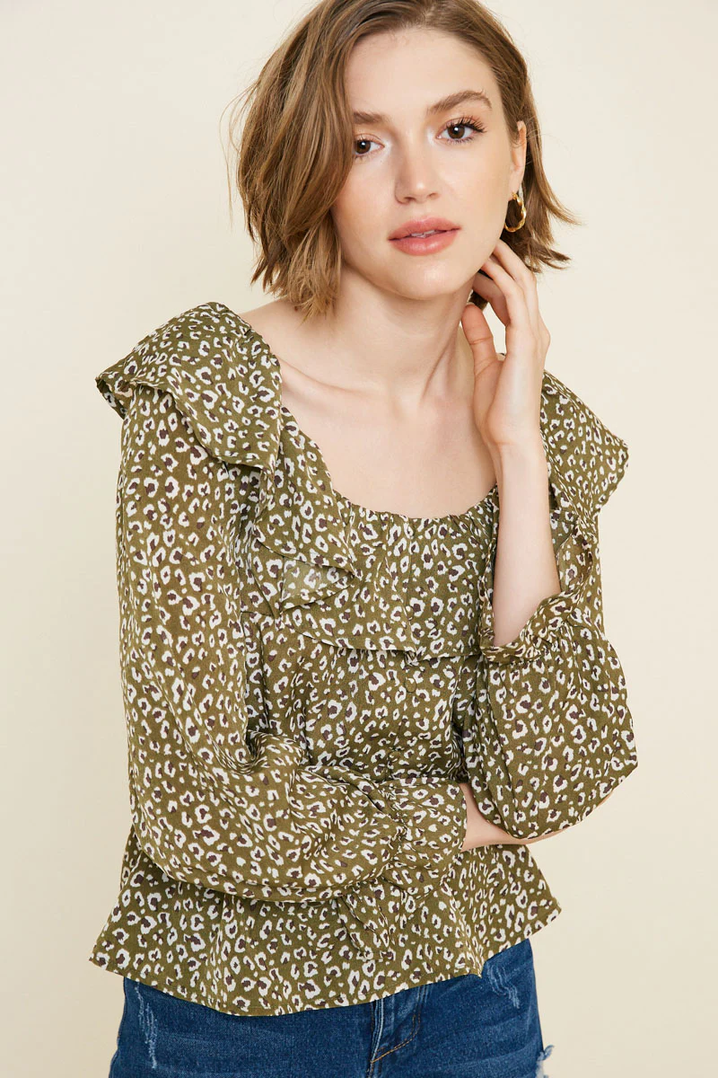 Leopard Ruffle Button-Down Peplum Top - Image 5