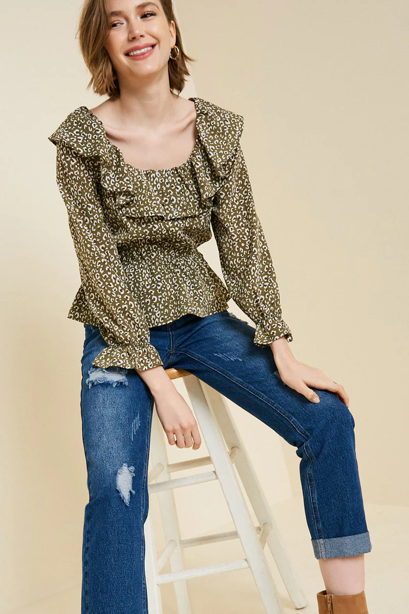 Leopard Ruffle Button-Down Peplum Top - Image 8