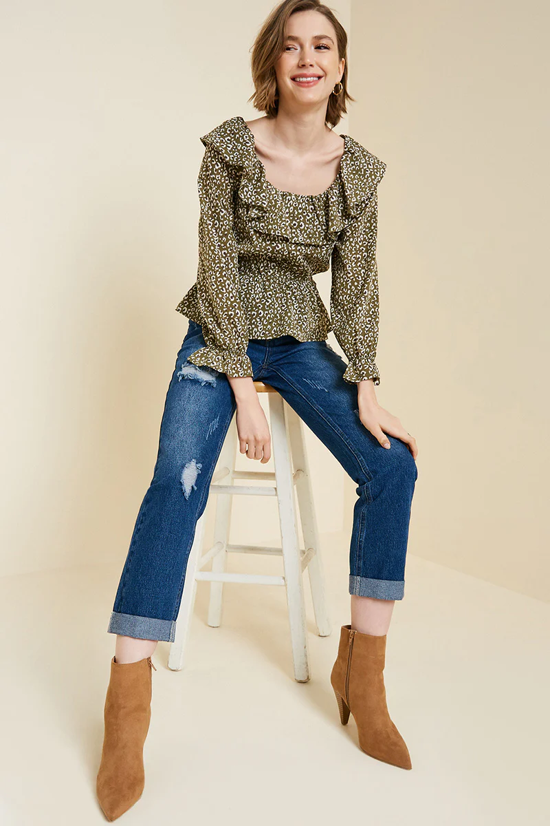 Leopard Ruffle Button-Down Peplum Top - Image 9