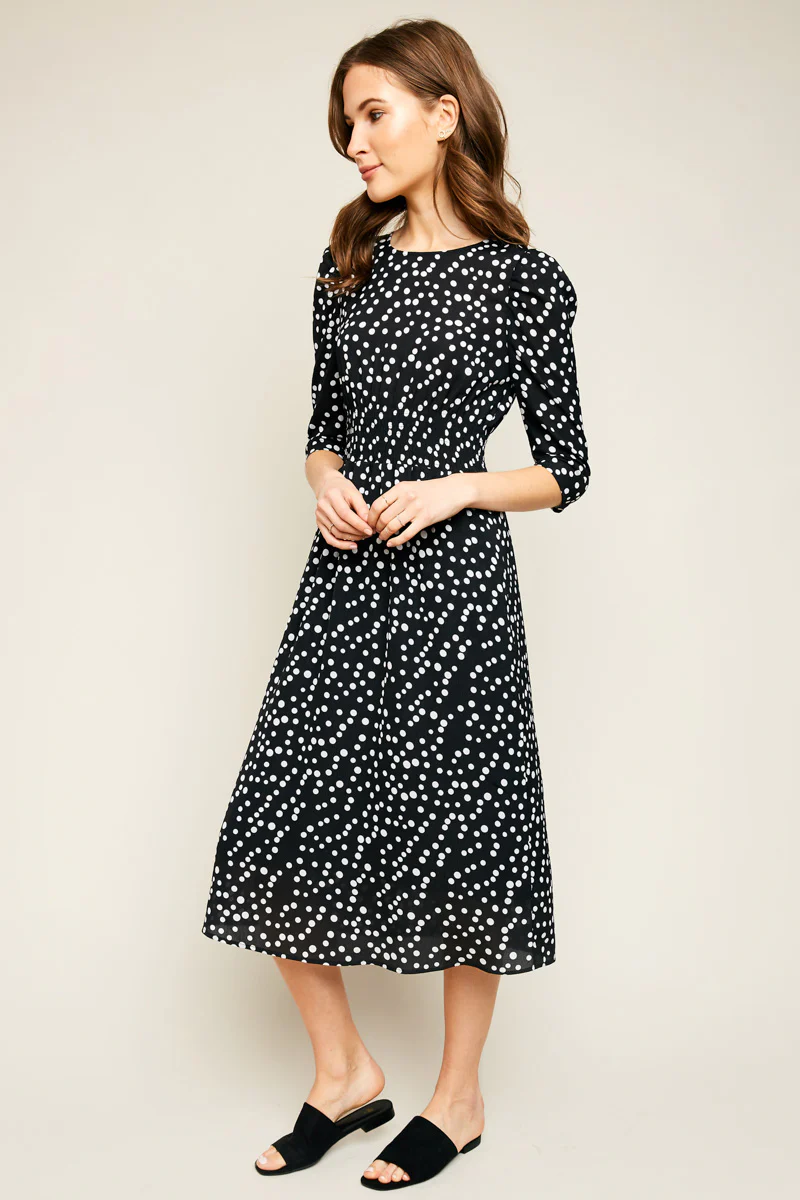 Retro Polka Dot Midi Dress With Gathered Sleeves - Image 3