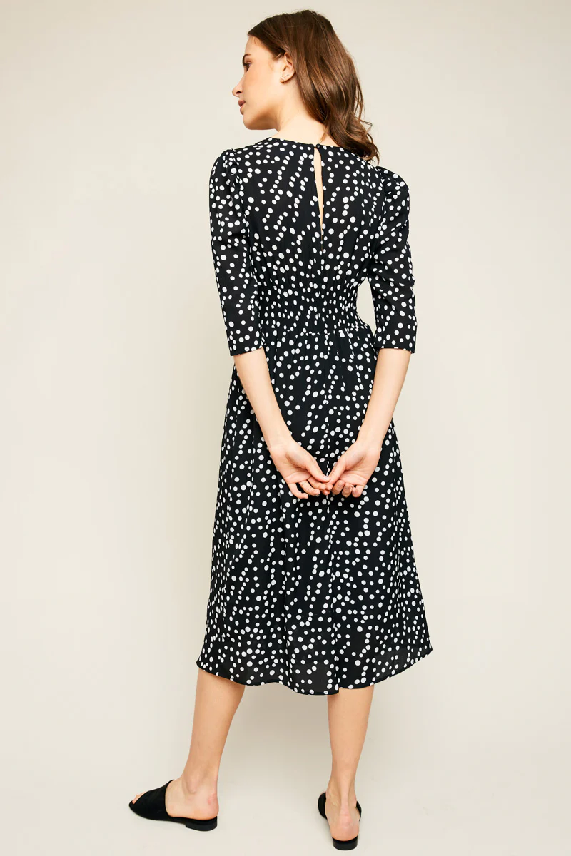 Retro Polka Dot Midi Dress With Gathered Sleeves - Image 4