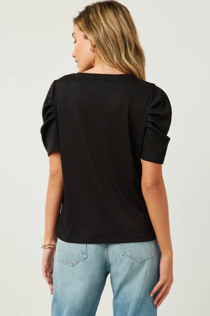 Ribbed Pleated Shoulder Puff Sleeve Top - Image 7