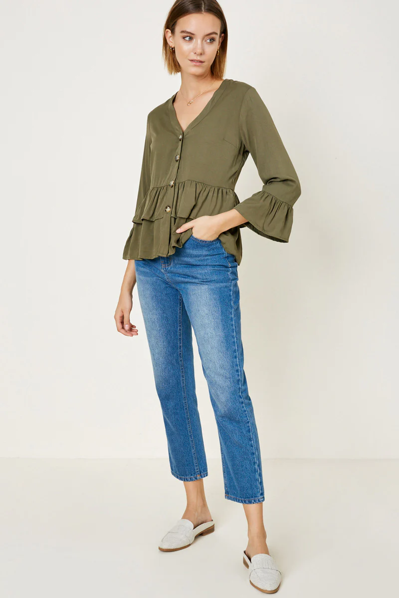 V-neck Button-Down Tiered Ruffle Hem Top - Image 4