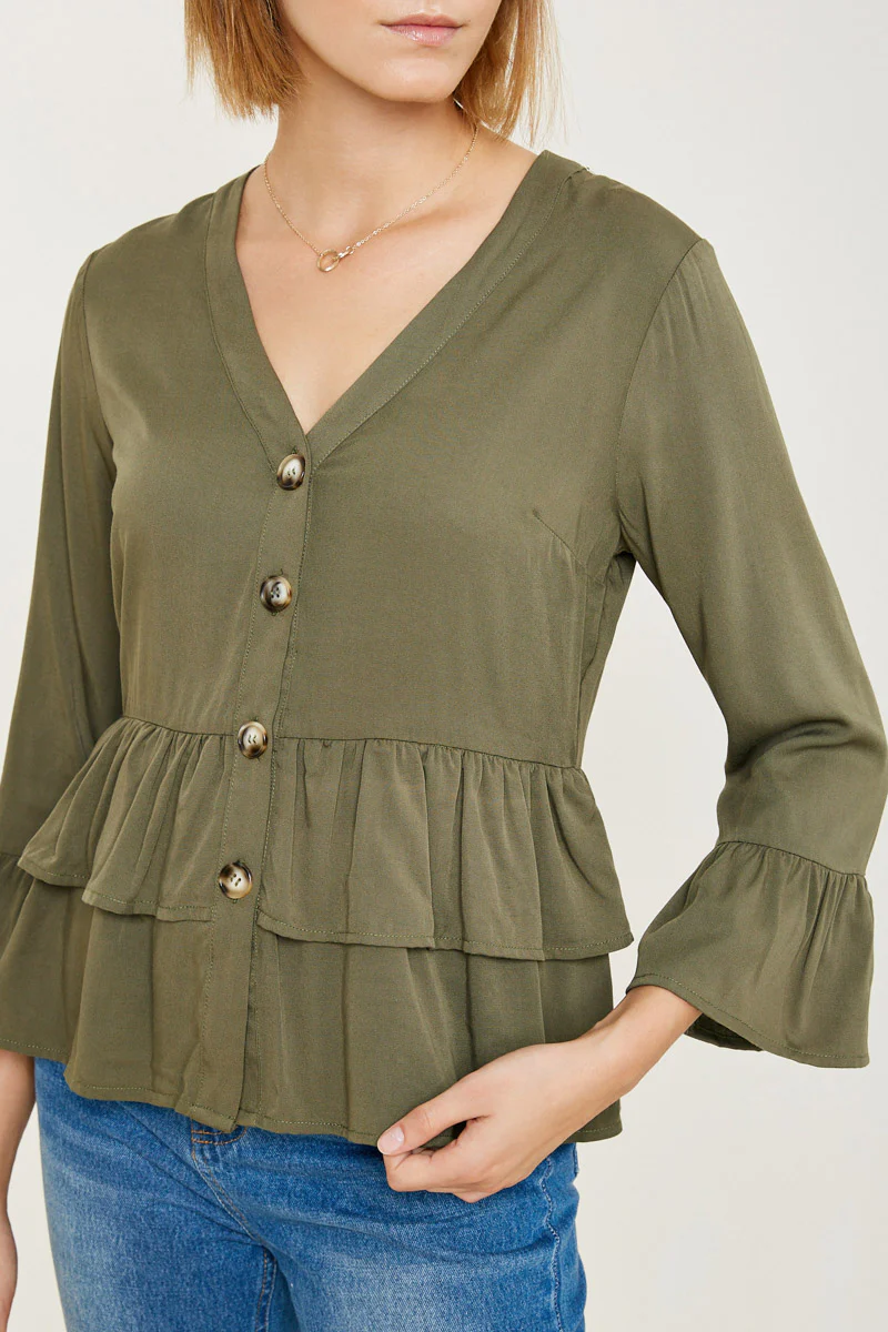 V-neck Button-Down Tiered Ruffle Hem Top - Image 5